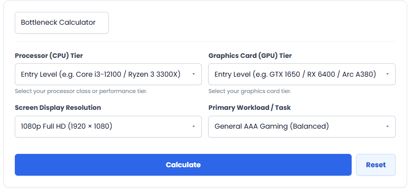 PC bottleneck calculator showing how to get CPU and GPU balance